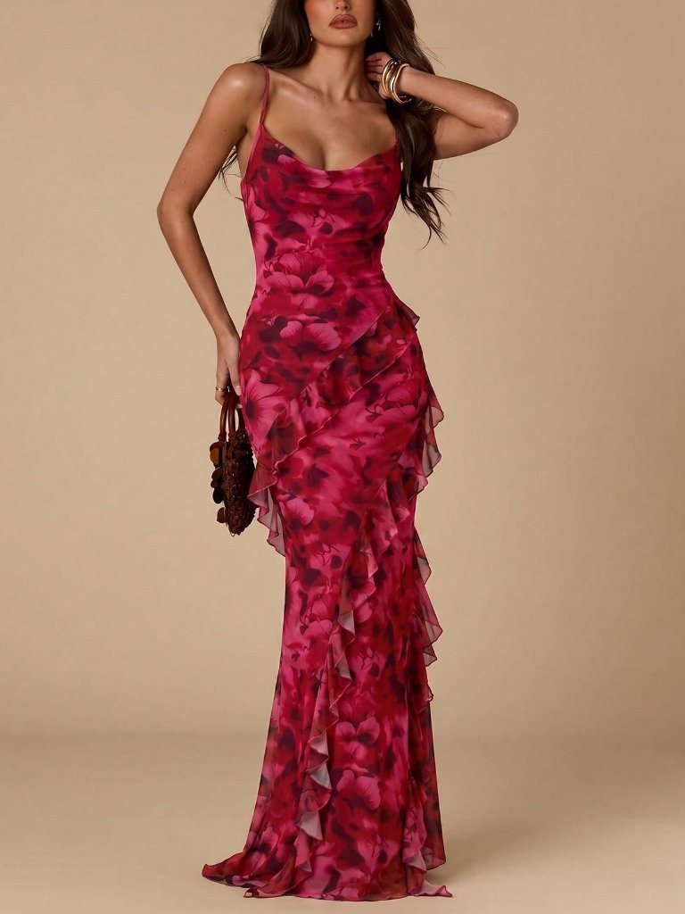 Pink Elegant Women's Fuchsia Floral Print Ruffled Draped Neck Fitted Maxi Dress